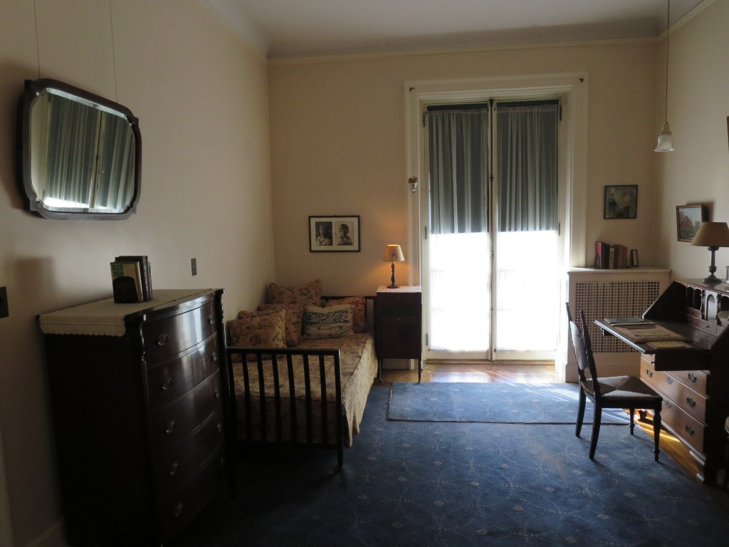 Eleanor's room.  Two things strike me: the simplicity/plainness of the furnishings.  And also, the fact that this room was sandwiched between FDR's room and his mother's bedroom.  Very telling.